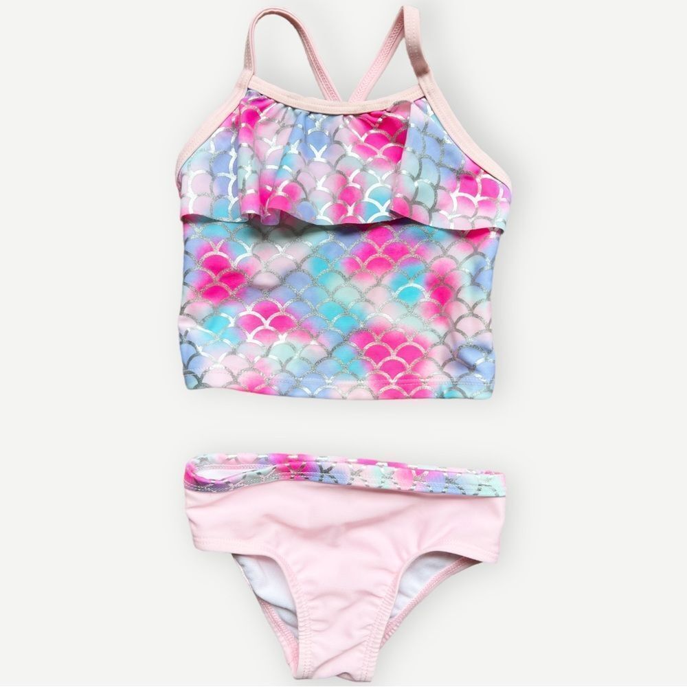 Wonder Nation Baby Girls Pink Ruffle Two Piece Tankini Swim Suit. 12 Months.